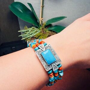 Vintage Carolyn Pollack Relios Turquoise &Coral Beaded Coil 925 SS Bracelet,Sz 6